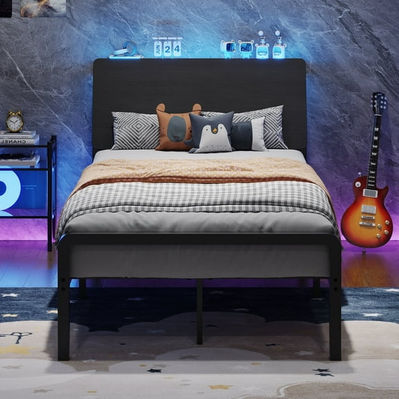4 EVER WINNER Twin Bed Frame with Storage Headboard and LED Light, Metal Platform Bed Frame with Wooden Headboard, No Box Spring, Black