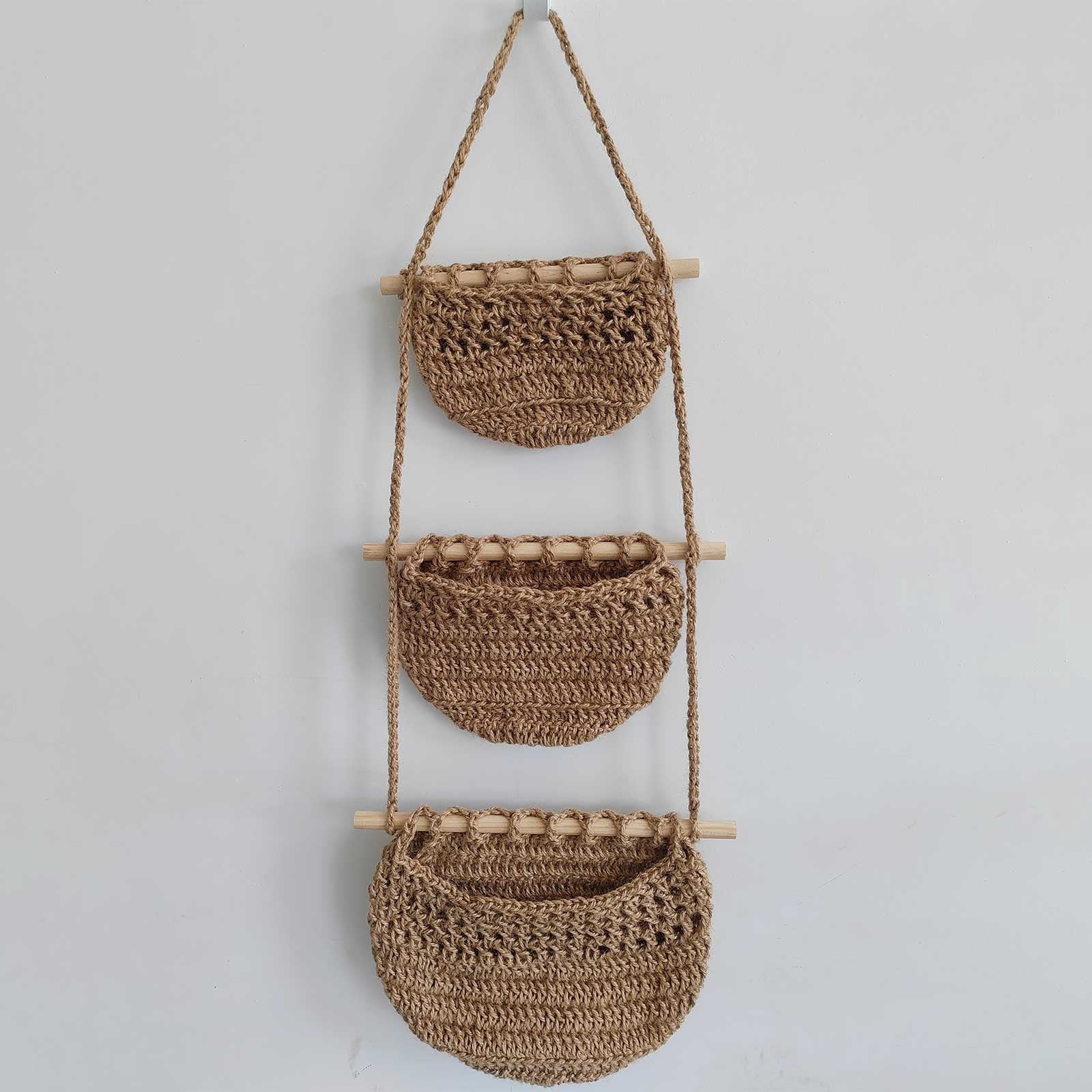 Oenbopo Hanging Fruit Basket, Handmade 3 Tier Woven Jute Wall Basket for Organizing,Hanging Produce Basket Fruit Vegetable Storage for Kitchen, Bedroom