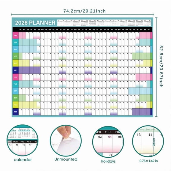 2026 Yearly Wall Calendar - 2026 Wall Calendar, Jan. 2026 - Dec. 2026, 2026 Yearly Calendar with Julian Dates, Thick Paper, Round Sticks, 30" x 21"
