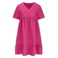 thumbnail image 5 of Summer Dresses for Women Plus Size V-Neck Short Dress Summer Fashion Solid Color Short Sleeve Above Knee Ruffle Dress Women's Size XL Hot Pink Loose-Fit Casual Swing Dress, 5 of 9