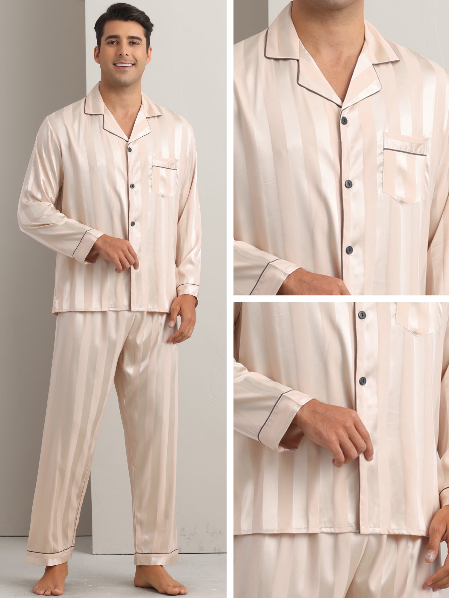 DARING DIVA Men's 2-Piece Long Sleeve Top And Pants Striped Pajama Set XL Champagne