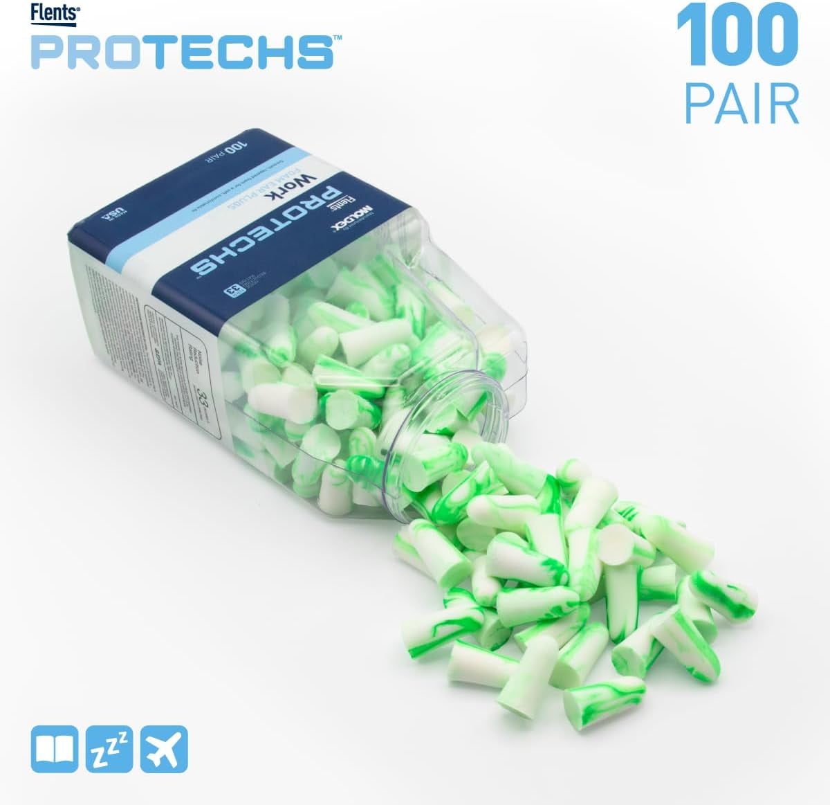 Flents Protechs Work Ear Plugs, NRR 33, Green, 100 Pair