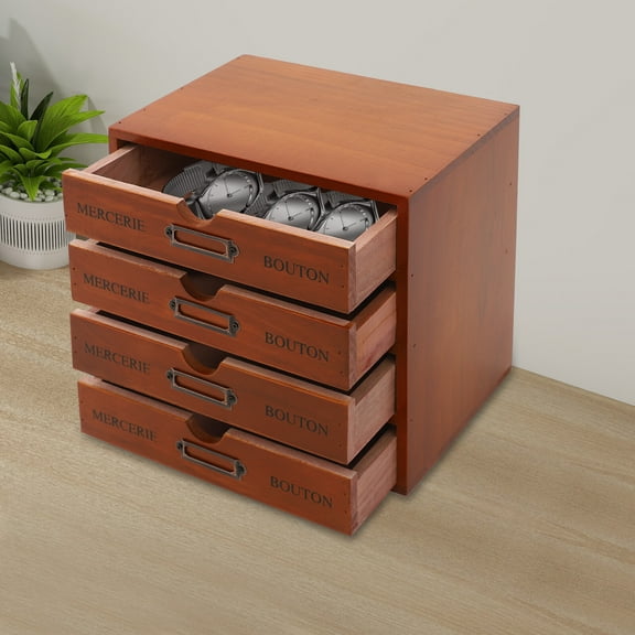 4-Drawer Desktop Organizer Pine Wood Vintage, Brown Desk Storage Box for Home Office No Assembly Needed, 11LB Capacity