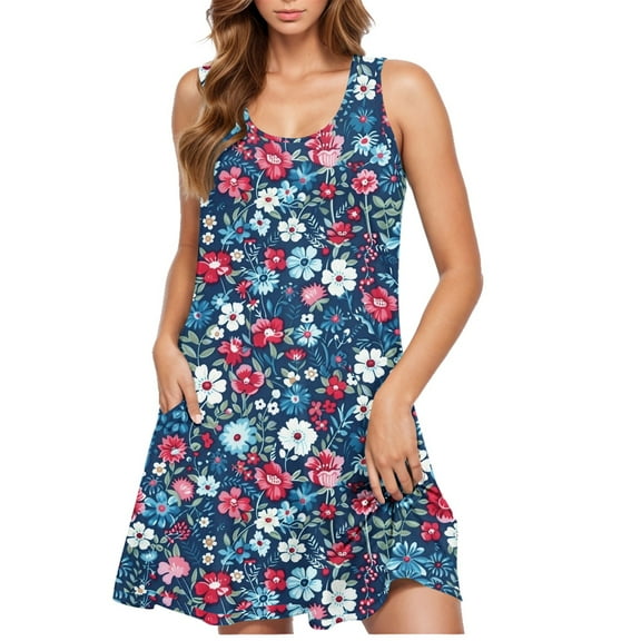 Women's Sleeveless Short Dress Round Neck Floral Casual Print Plus Size Beach Cover Ups L