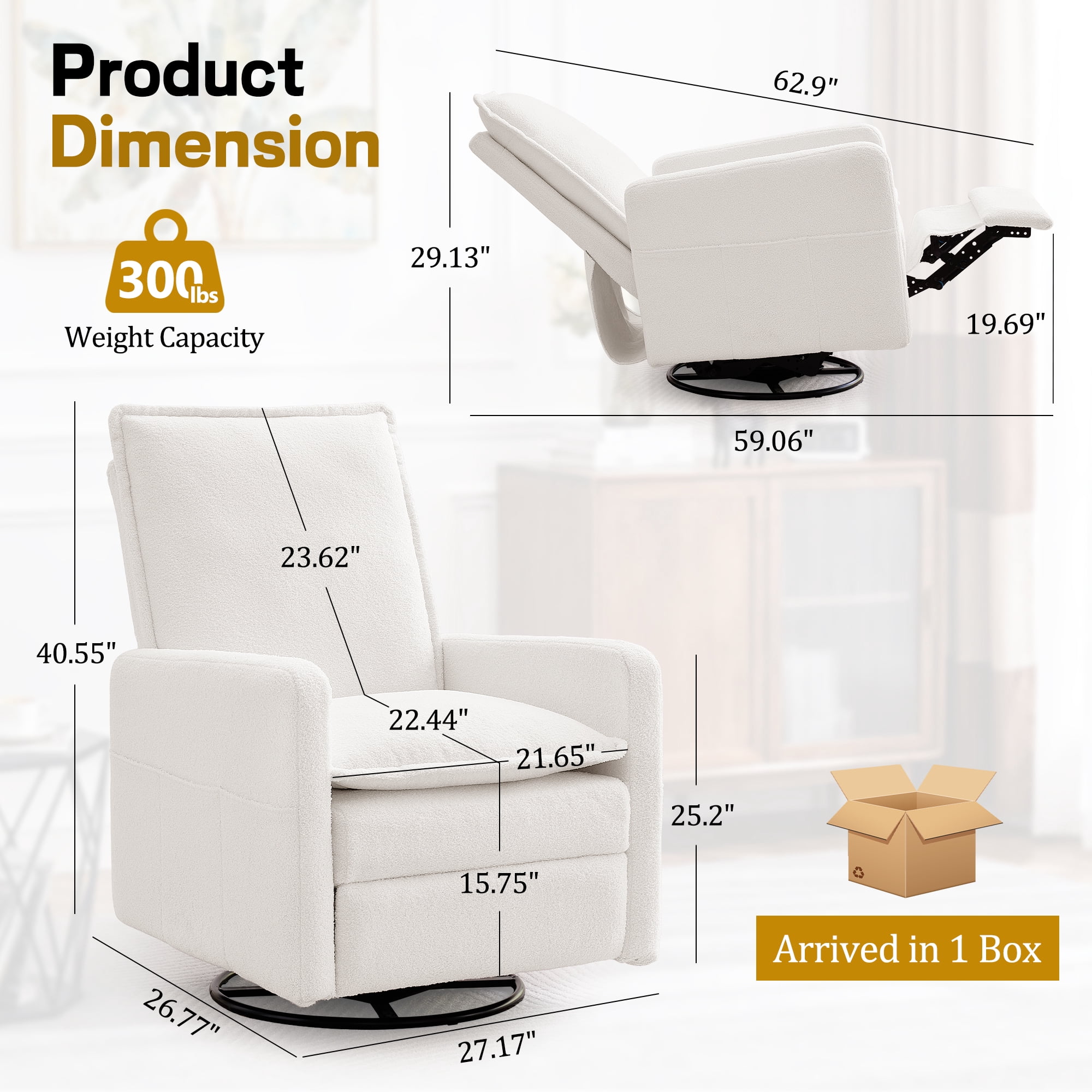 Korser Manual Swivel Rocker Recliner Chair with Side Pockets Nursery Glider Recliner for Living Room, Nursery, Beige