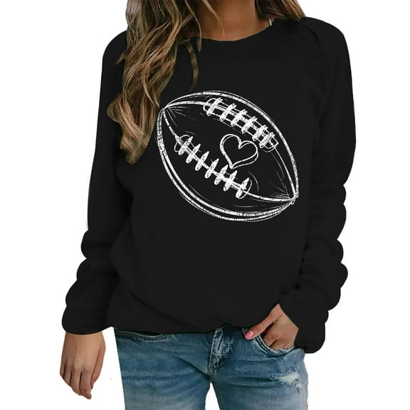 Holzkary Game Day Sweatshirts for Women Football Sweatshirts Funny Football Graphic Crewneck Long Sleeve Pullover Tops American Football Print Solid Color Round Neck Ladies Sweatshirt Black L