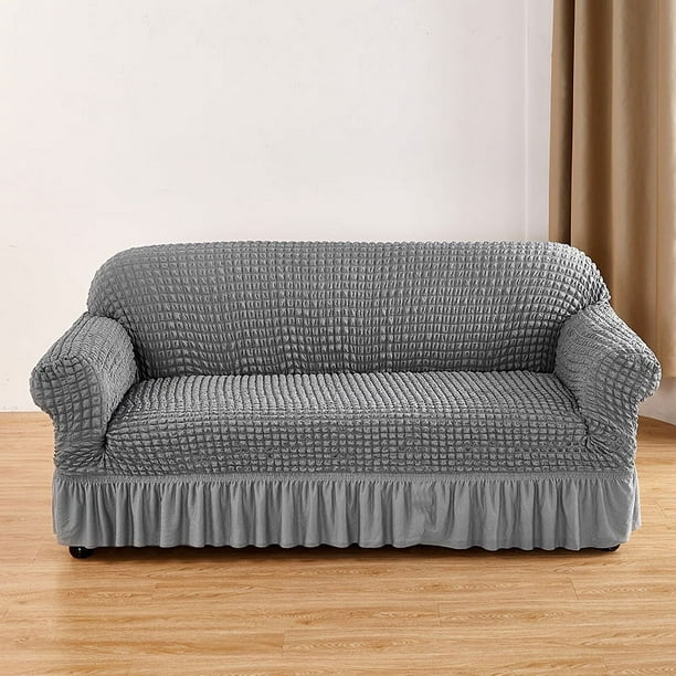 Xiao Hua Funda de sofá de 1 pieza, funda de sofá elástica gris para sala de estar, muebles lavables simples con falda, funda protectora de sofá, 3 plazas