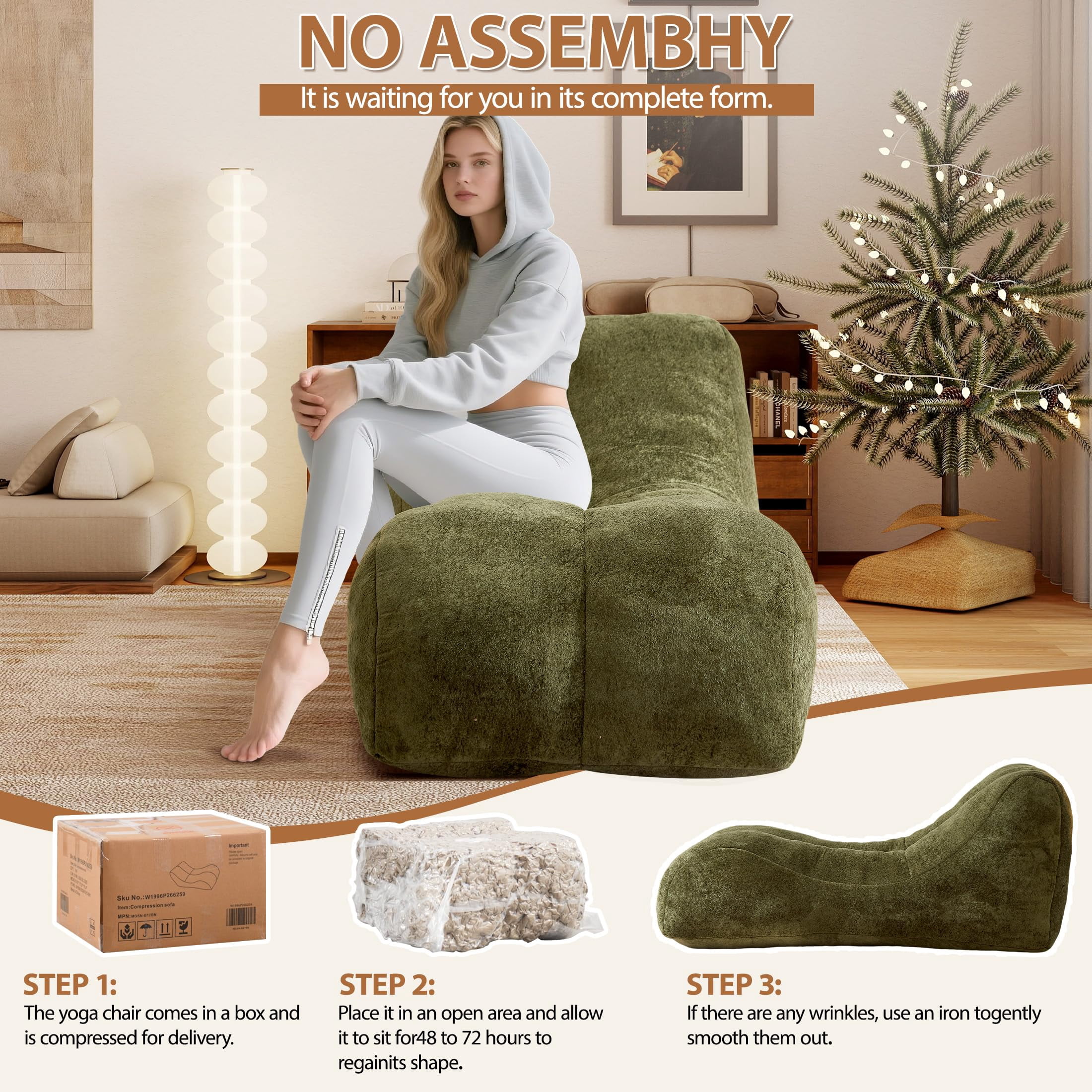 Aukfa Chaise Lounge, Bean Bag Sofa for Stretching, Relaxation, High Density Foam Recliner, Olive