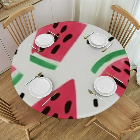 

Cute Watermelon Seeds Elastic Table Cover Round Waterproof Fitted Tablecloths for Round Tables