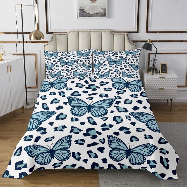 Erosebridal Vintage Butterfly Print Coverlet Set Queen, Leopard Print Bedding Set, Teens Adult, 3pcs