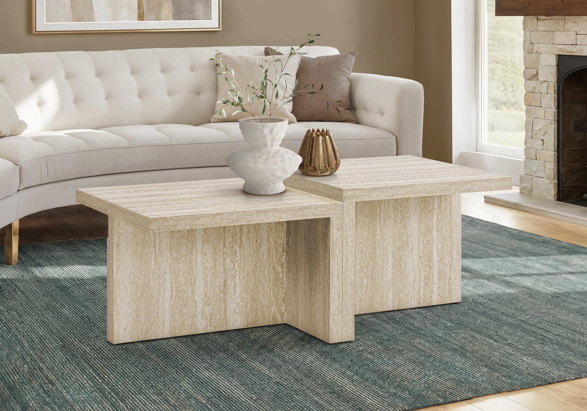 Monarch Specialties - I 2891 Coffee Table, 48"L, Cocktail, 2 Tier, Travertine Stone-Look Laminate