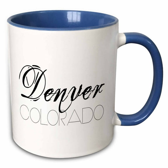 3drose, American Cities - Denver Colorado Black Text on White, 15oz Two-tone Blue Mug