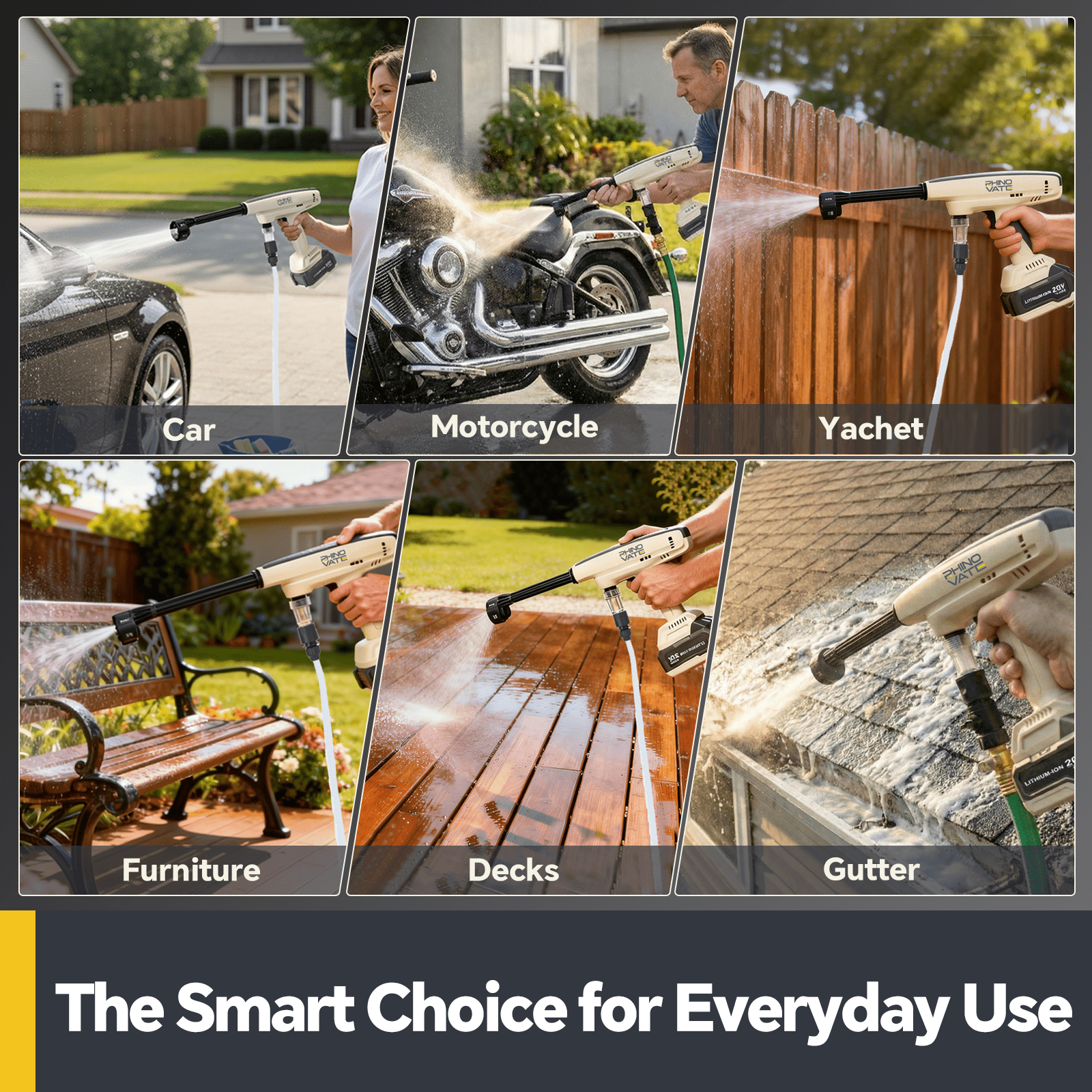 Rhinovate 880 Psi at 2.6 Gpm 4.0Ah Battery Powered Portable Impact Pressure Washer with Dual Water Source, 6-in-1 Nozzle, 16ft Detachable Hose