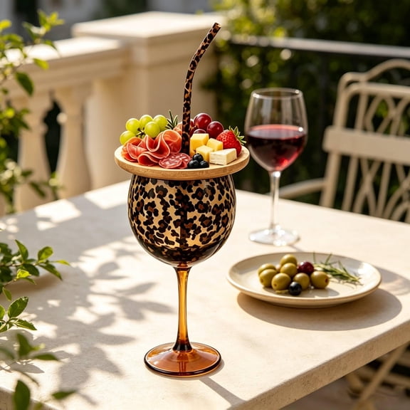 Leopard Print Glass Gift Set Stemmed Wine Glasses with Charcuterie Board,Kitchenware Drinkware with Reusable Straw Gift-Ready Box Glasses Cup for Girls Night, Birthday Party, Housewarming