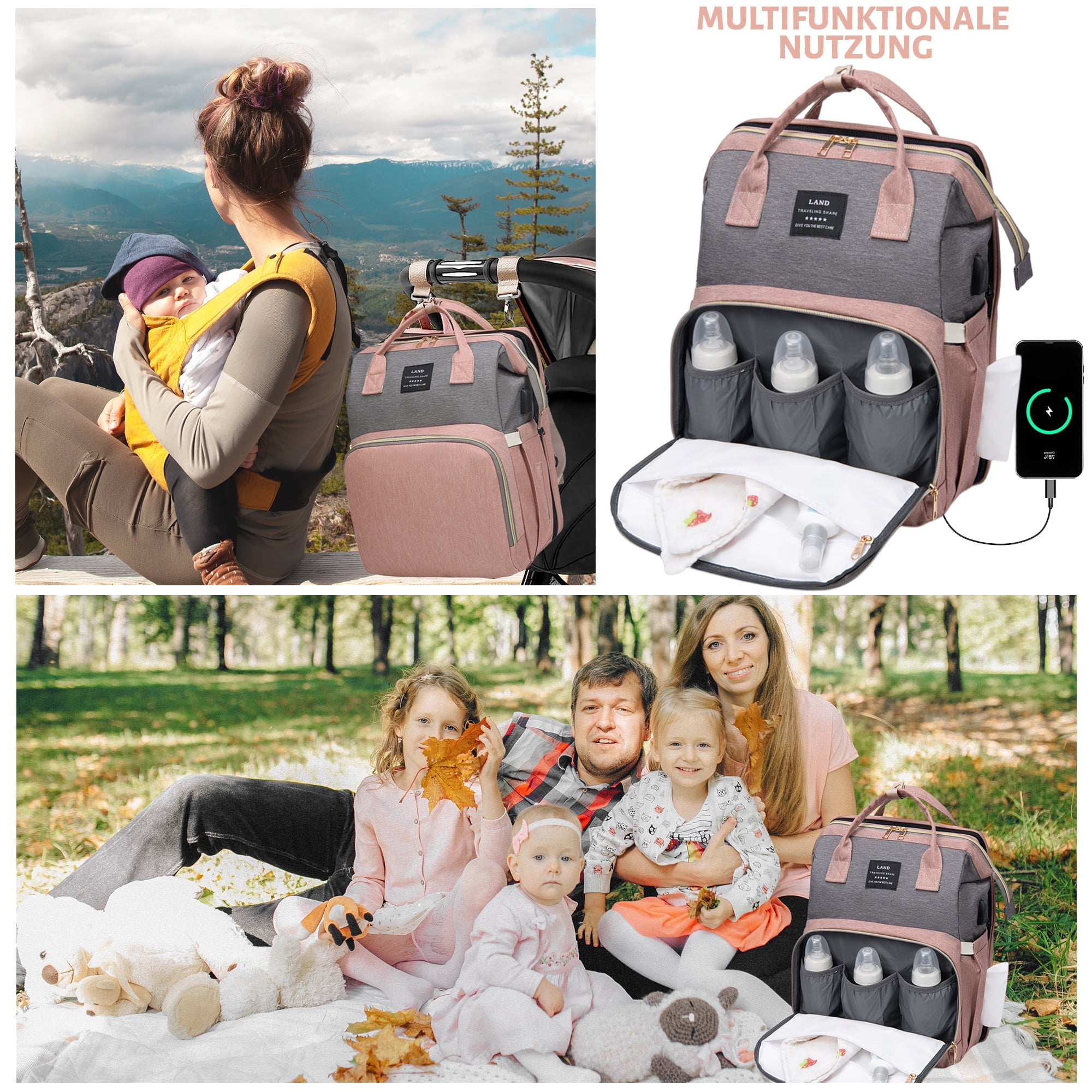 Diaper Backpack, Baby Diaper Bag Backpack for Boys& Girls, Large Capacity Baby Changing Bag w/ Foldable Crib & Insulated Milk Bottle Pocket - Waterproof and Stylish (Pink)
