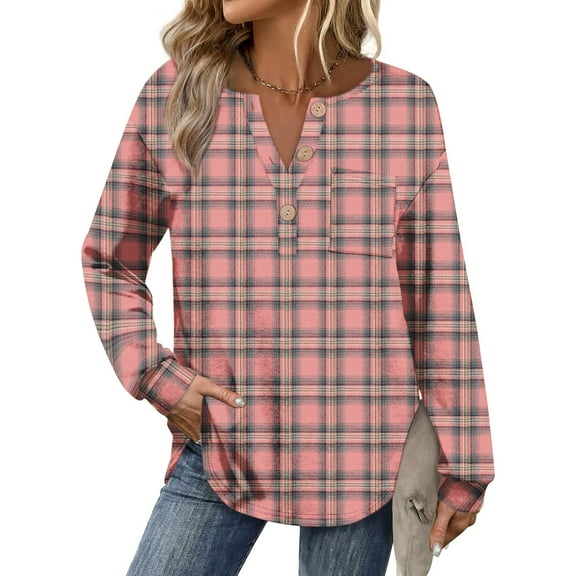 Flannel Shirt Women Plaid Long Sleeve Button Down Henley Shirts Dressy Casual Fall Ladies Tops and Blouses Light pink 2XL