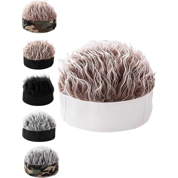 Men's Funky Faux Fur Knit Beanie Hat, Funny Hats with Fake Hair Frosted Tips Wig Visor Cap