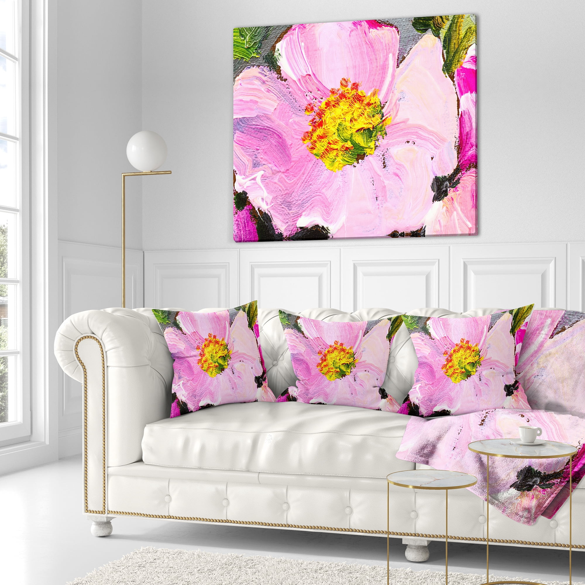 Designart Pink Flower Oil Painting - Floral Painting Throw Pillow - 18x18