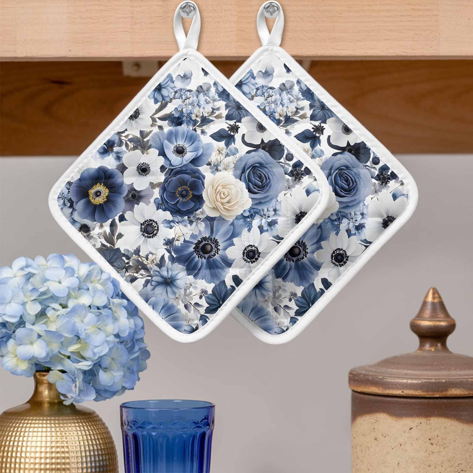 Blue Flower Pot Holders for Kitchen Heatproof Potholder, 5 Pack Vintage Ink Rose Floral Spring Botanical Hot Pads Multipurpose Oven Pads Cloth Potholders Trivet for Cooking Baking
