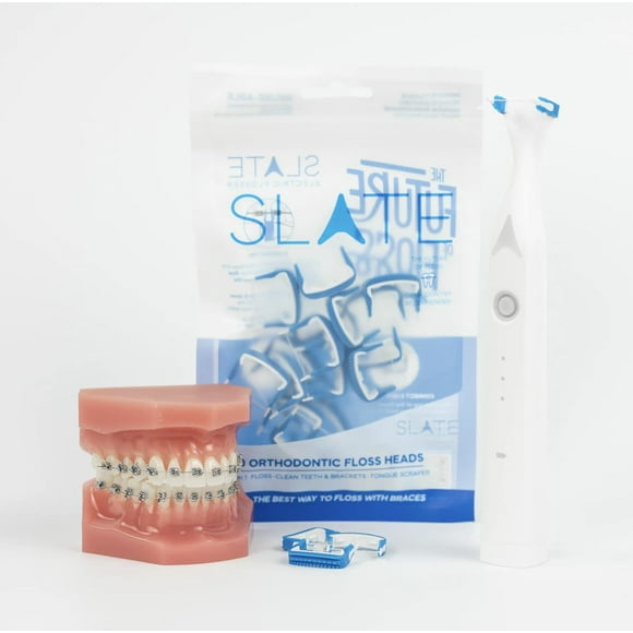 SLATE Electric Flosser | 3-in-1 Electric Flosser for Braces Dentist Invented | Eco Reusable Non-Toxic Floss, Tongue Scraper & Gum Stimulator | Ultrasonic Power Flossing for Adul