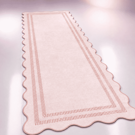 Pink Scalloped Runner Rug 2.6'x8' Indoor Washable Soft Entryway Carpet
