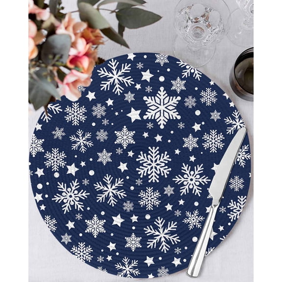 15 Inch Round Placemats Set of 4, Christmas Snowflakes Non Slip Heat Insulation PP Table Mats, Xmas Winter Watercolor Navy Blue Washable Place Mats for Kitchen Dining Party Table Decor