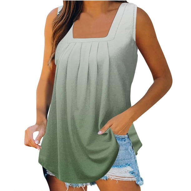 ICHUANYI Clearance Women's Fashion Solid Color Square-neck Comfortable Loose T-shirt Sleeveless Blouse Casual Tops(Green, L) ICHUANYI WER2023080803658