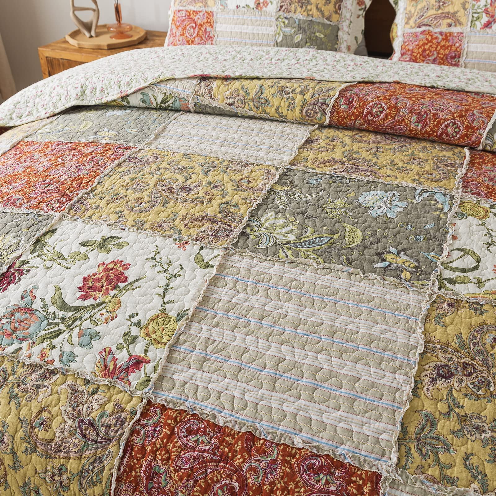 WannaToo Cotton Bedspread Quilt Set for All Season, Beige Patchwork, Queen