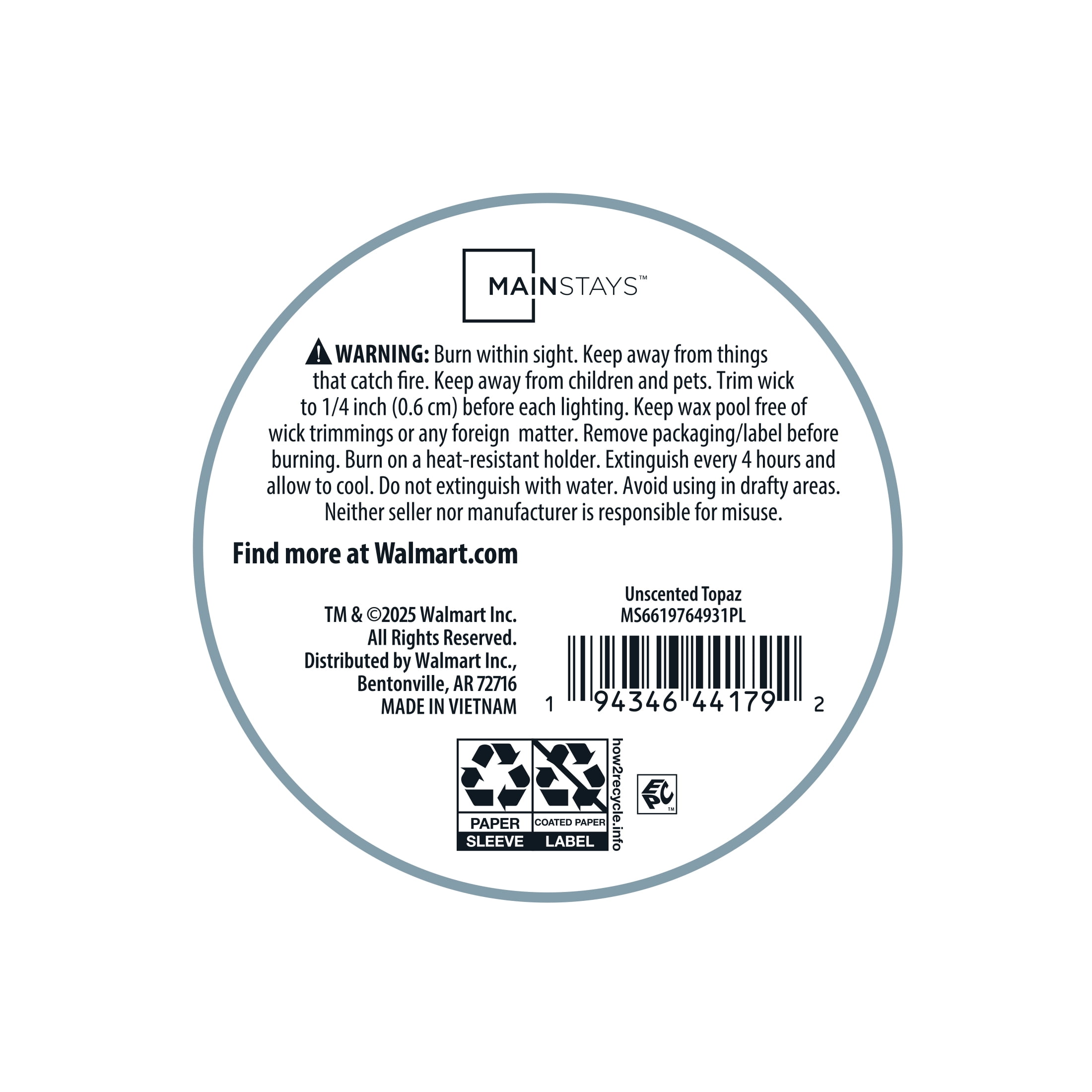 Mainstays Single Wick 3" x 4" Pillar Candle, Unscented, Blue