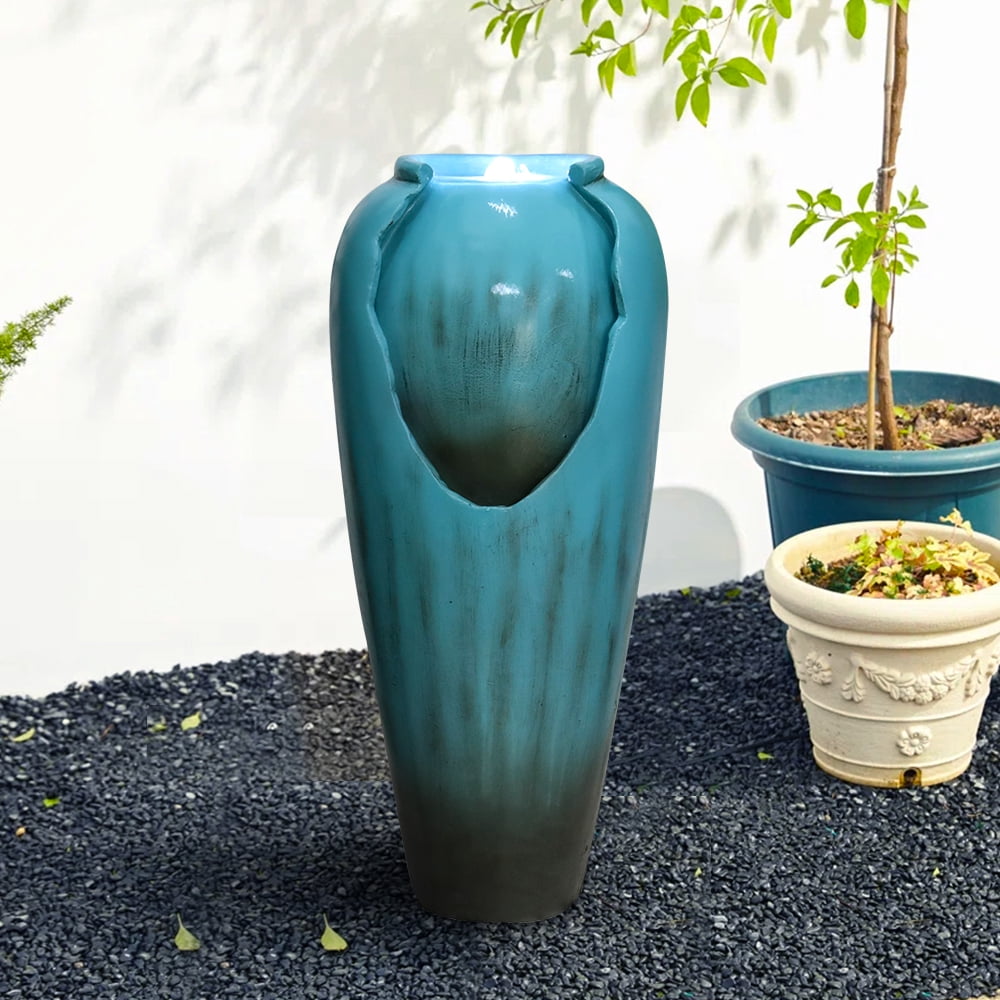 Outdoor Concrete Vase Water Fountain Patio Garden Water Feature with LED Light and Submersible Pump for Home, Office Garden, Yard Art Decor