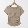 thumbnail image 5 of tarylea Summer Tops for Women Short Sleeve Crew Neck Ruched Side Built in Bra T-Shirts Casual Comfy Solid Color Tops, 5 of 5
