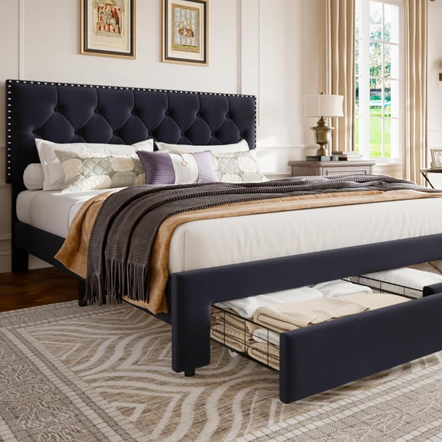 Ourlova King Size Bed Frame with 2 Storage Drawers Vintage Velvet Upholstered Bedframe with Wooden Slat Support and Button Tufted Wingback Headboard No Box Spring Needed Noise Free Grey