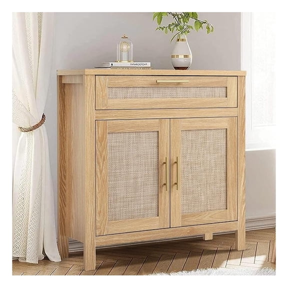 34" W Rattan Accent Storage Cabinet, Boho Wood Sideboard Buffet Cabinet with 2 Doors Drawer, Farmhouse Credenzas Coffee Bar Console with Adjustable Shelf for Entryway Dining Room, Natural Oak