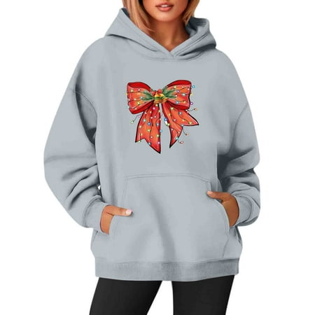 RPVATI Plus Size Christmas Sweatshirts for Women Christmas Coquette Bow Print Hoodies Funny Fall Long Sleeve Pullover Tops Xmas Fleece Winter Sweater Lightweight Clothes with Pocket Gray S