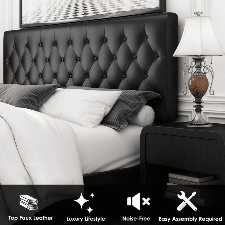 Homfa Full Size Bed, Black Faux Leather Upholstered Button Homfa Full Size Bed, Black Faux Leather Upholstered Button