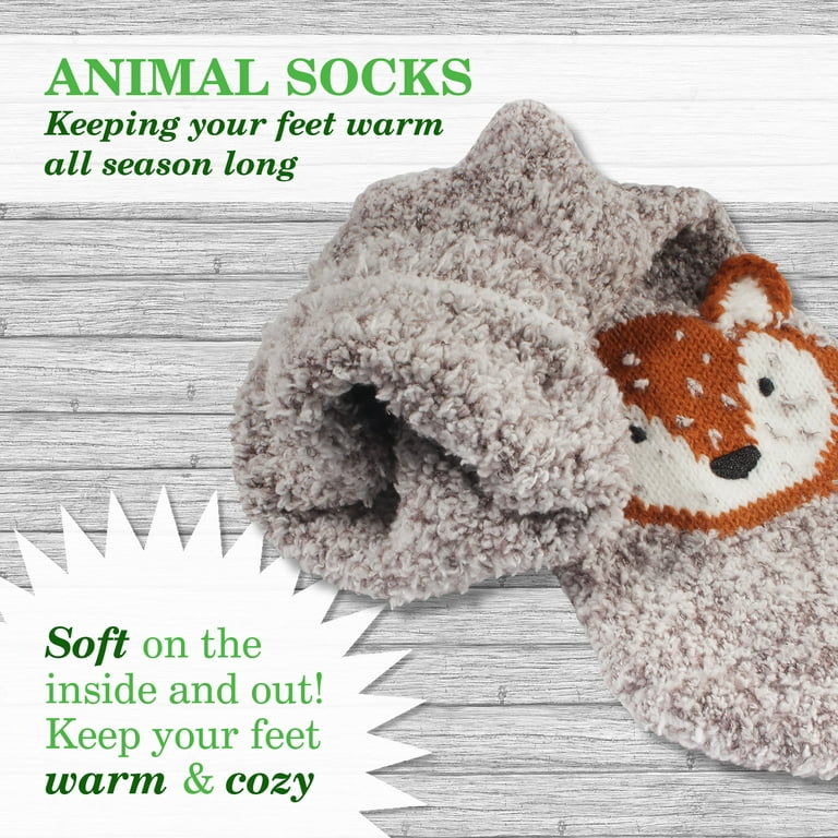 BambooMN Super Soft Cute Fuzzy Cozy Animal Non-Slip Crew Socks, 15