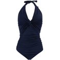 thumbnail image 3 of Maternity Swimwear One Piece Halter Pregnancy Swimsuit Solid Bathing Suit with Drawstring Adjustable Navy(XL, 3 of 9