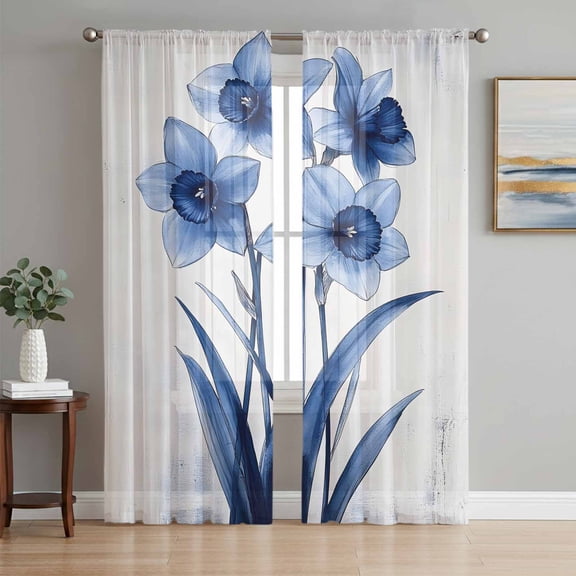Watercolor Wildflowers Sheer Curtains 84 Inch Length 2 Panels Set, Blue Floral Spring Vintage Voile Window Treatment Rod Pocket Curtains Sheers Drapes for Bedroom/Living Room/Kitchen 52"x84"x2