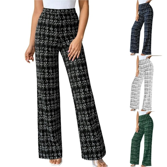 Womens Plaid Pants High Waisted Elastic Waist Wide Leg Lounge Trousers Casual Comfort Work Office Soft Stretch Plus Size