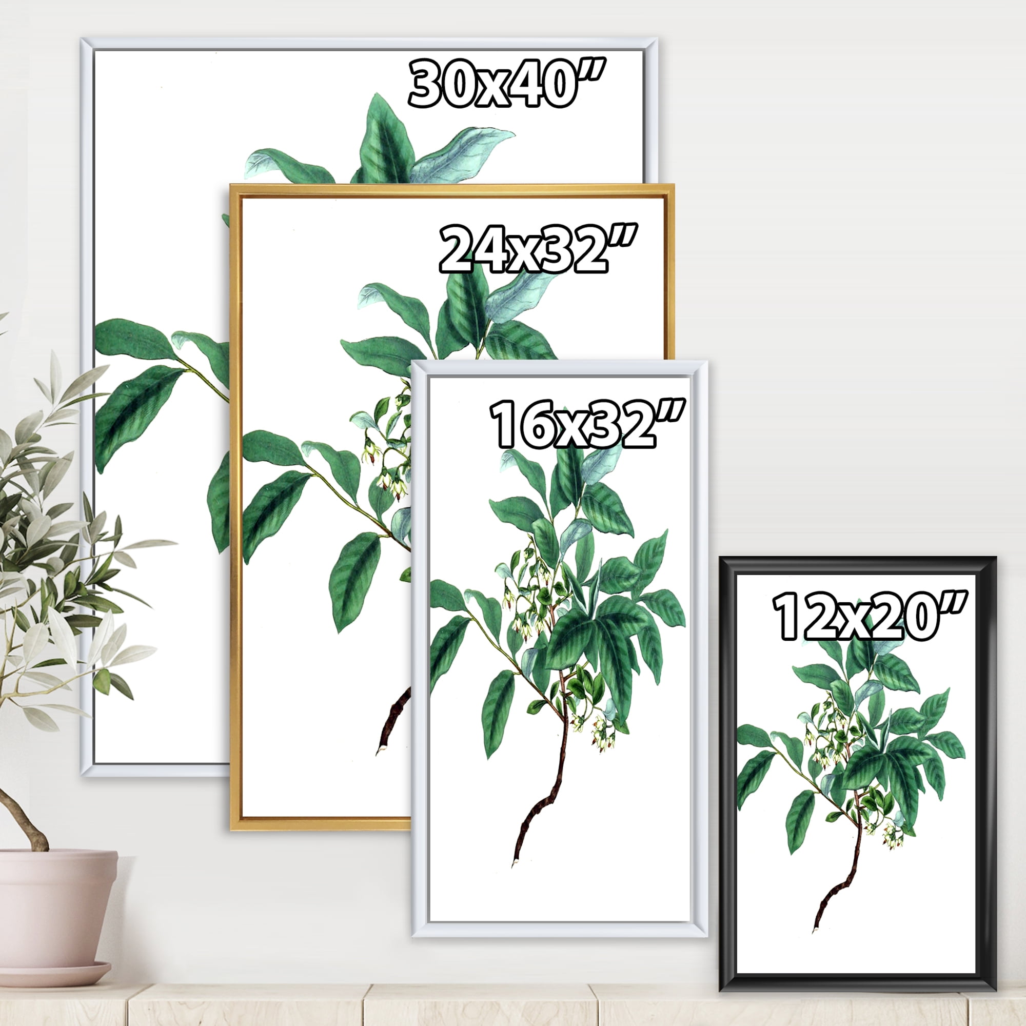 Designart 'Ancient Green Leaves Plants IV' Traditional Framed Canvas Wall Art Print