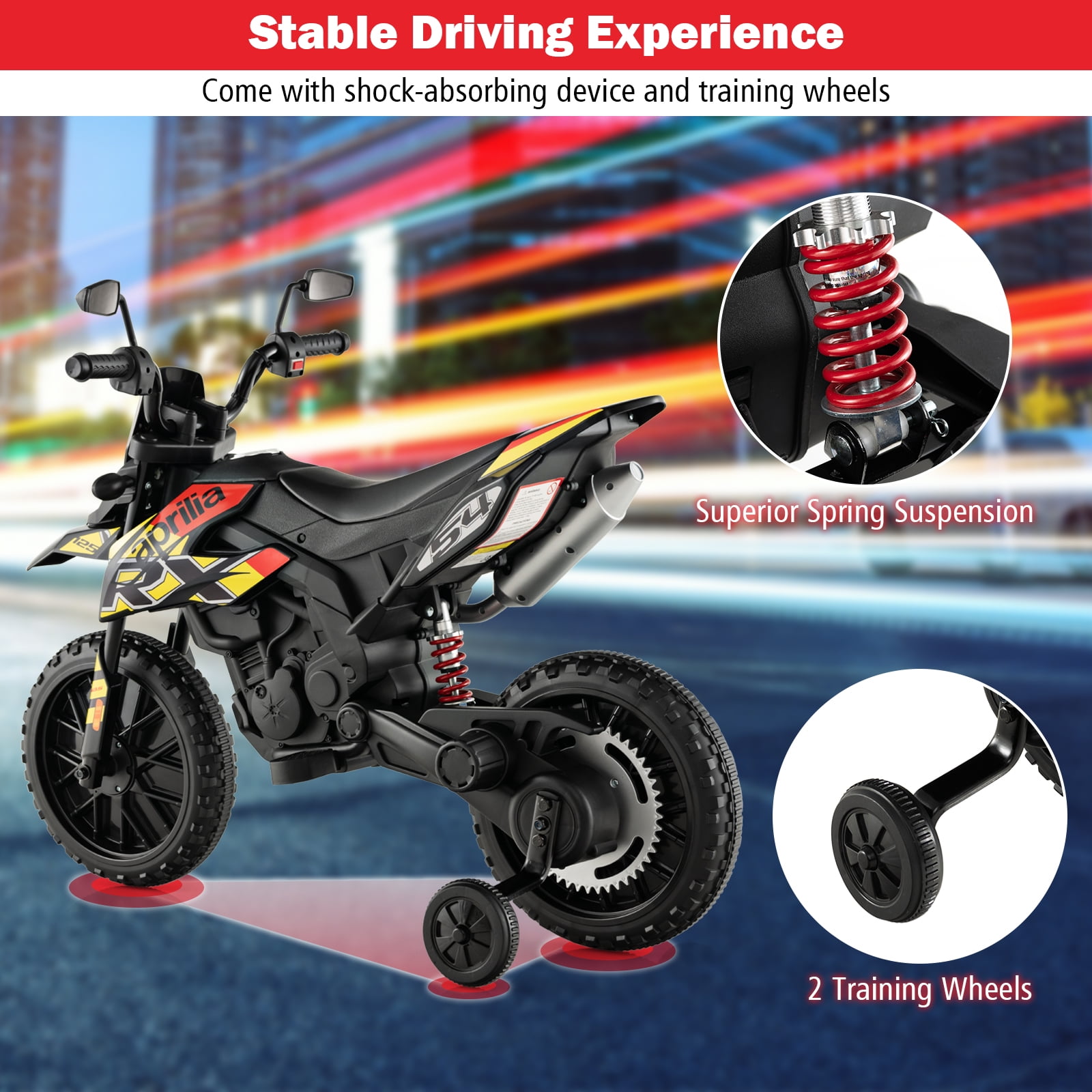 Olakids 12V Aprilia RX125 Electric Ride-on Motorcycle, Black, with Training Wheels, Ages 3-8