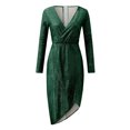 thumbnail image 4 of Telankuip Womens Sequin Midi Dresses Trendy Knee Length Sparkly Glitter Ruched Party Club Dressy Long Sleeve Wrap V-Neck Side Split Stretch Tight Solid Bodycon Dress Green M, 4 of 7