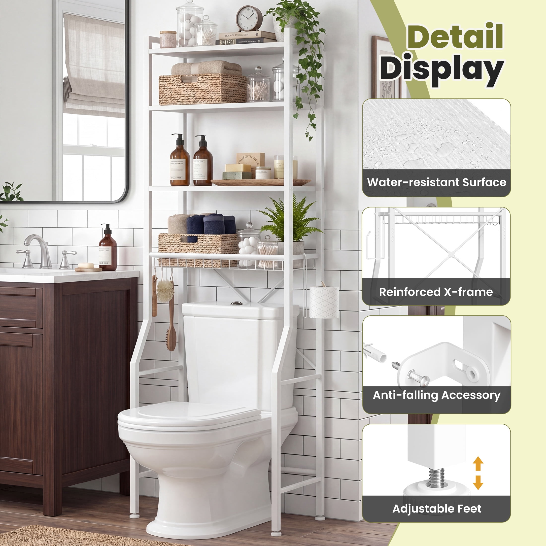 CONCETTA 4-Tier over the Toilet Bathroom Storage Rack, Adjustable Space Saver Organizer with Shelves, Basket & Hooks, White