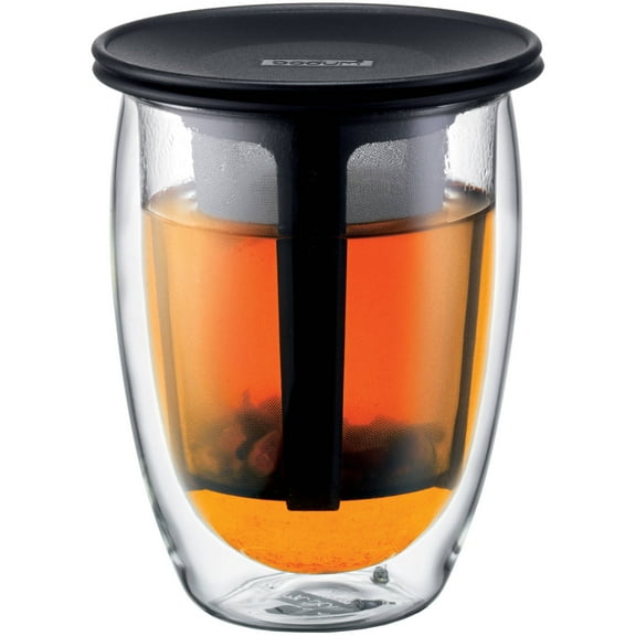 Bodum Tea for One Set with Tea Strainer and 12 Oz Double Wall Glass Mug, Black, 2 Piece