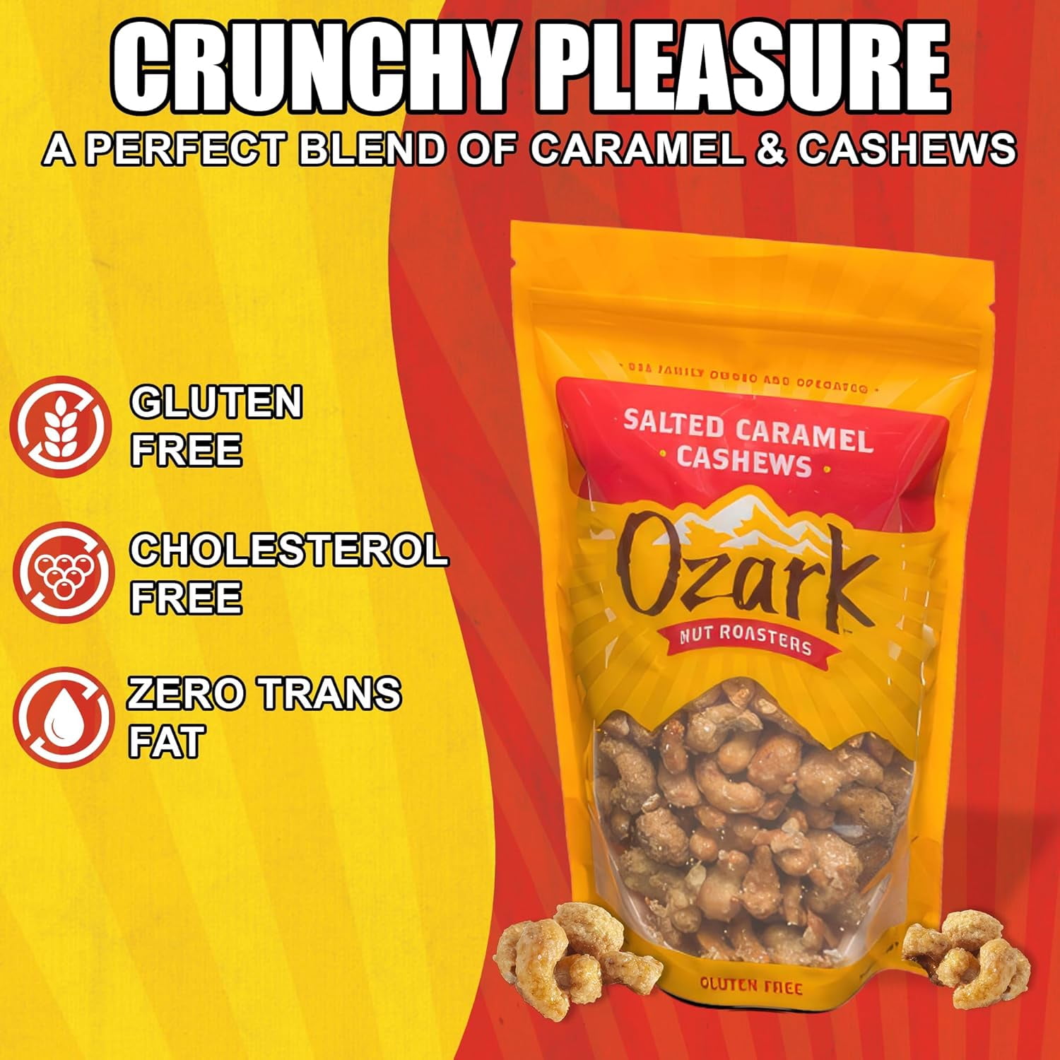 OZARK NUT ROASTERS: Salted Caramel Cashews, Flavored Snack Nuts & Gourmet Candied Peanuts, Blend of Sugar, Sea Salt & Caramel, Pack of 1 (14 oz)