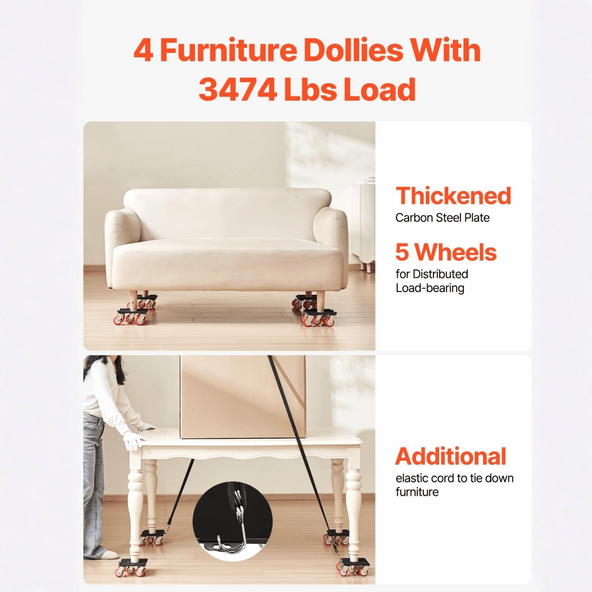 Heavy Duty Furniture Dolly Set with 5 Swivel Wheels, 3474 lbs Load Capacity Furniture Movers with Brakes & Pry Bar, Carbon Steel Moving Tool Kit for Sofa, Fridge & Appliances