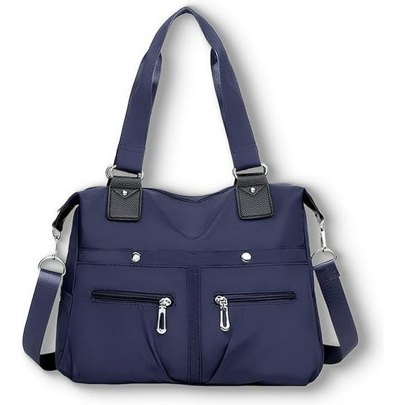 Fashion Nylon Top Handle Satchel, Large Waterproof Tote Bag with Zipper for Travel, Multi Pocket Shoulder Bag for Women(Dark Blue)