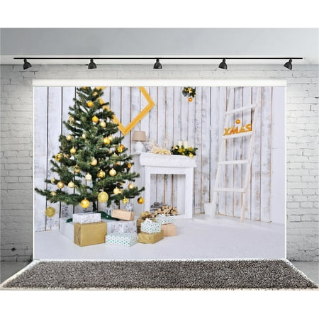 Image of HelloDecor 7x5ft Decorated Christmas Tree Photography Background Xmas Gift Backdrop Fireplace Interior Room Ladder New Year Present Kid Girl Baby Portrait Photoshoot Studio Props Video Drape