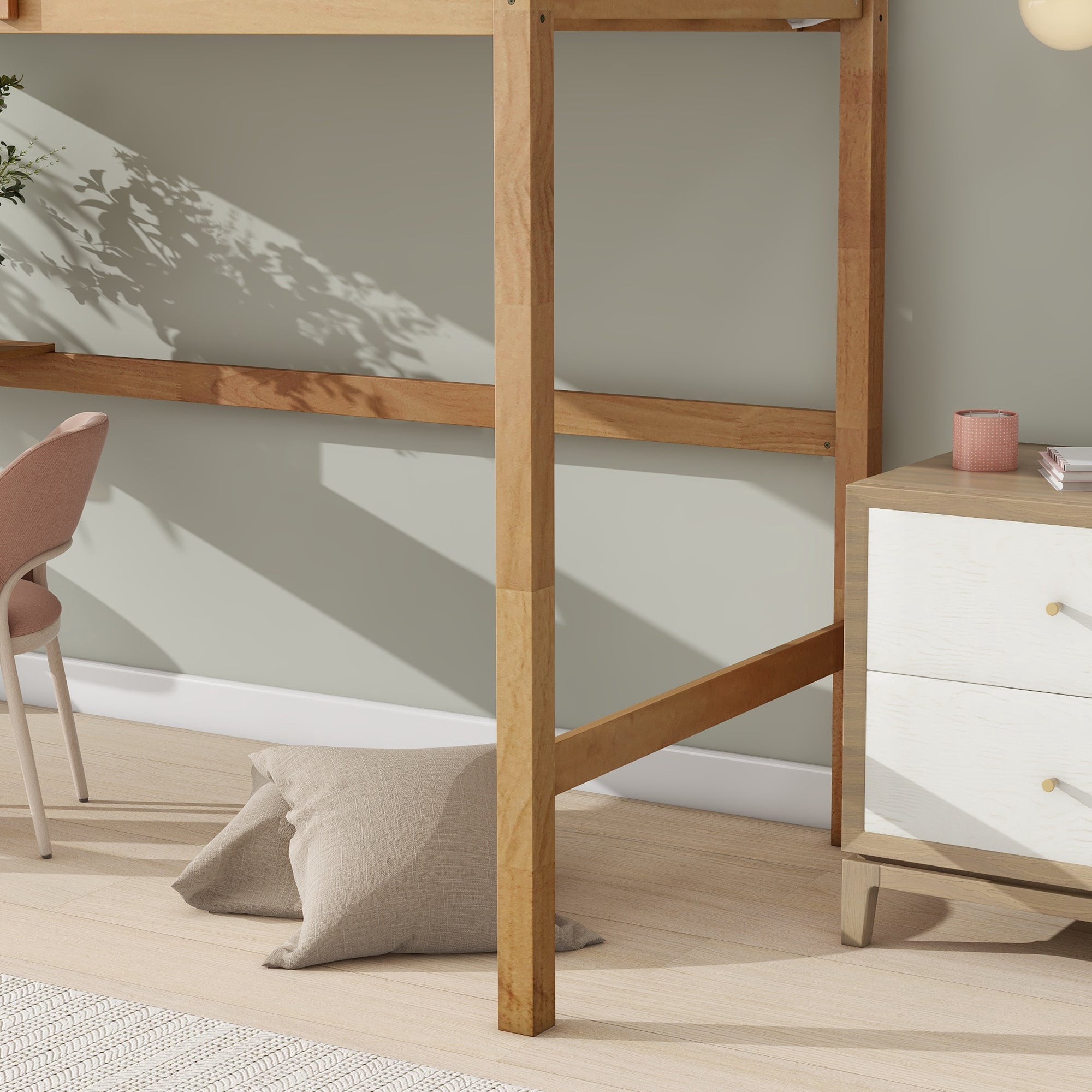 Sailvan Twin High Loft Bed, Rubber Wood Loft Bed with Safety Guardrail, Built-in Desk & Ladder