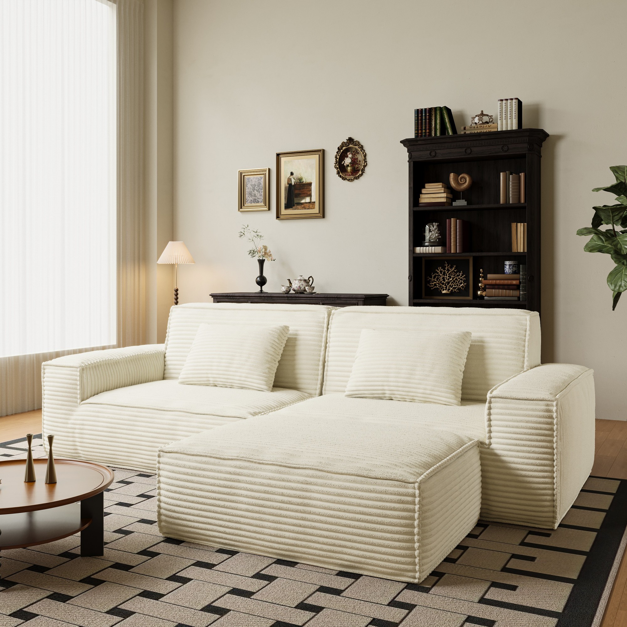 Gewnee Beige 106.3 Inch Compression Sofa - Full Sponge High Rebound,Straight Row with Foot Pedal,for Living Room & Bedroom.Beige